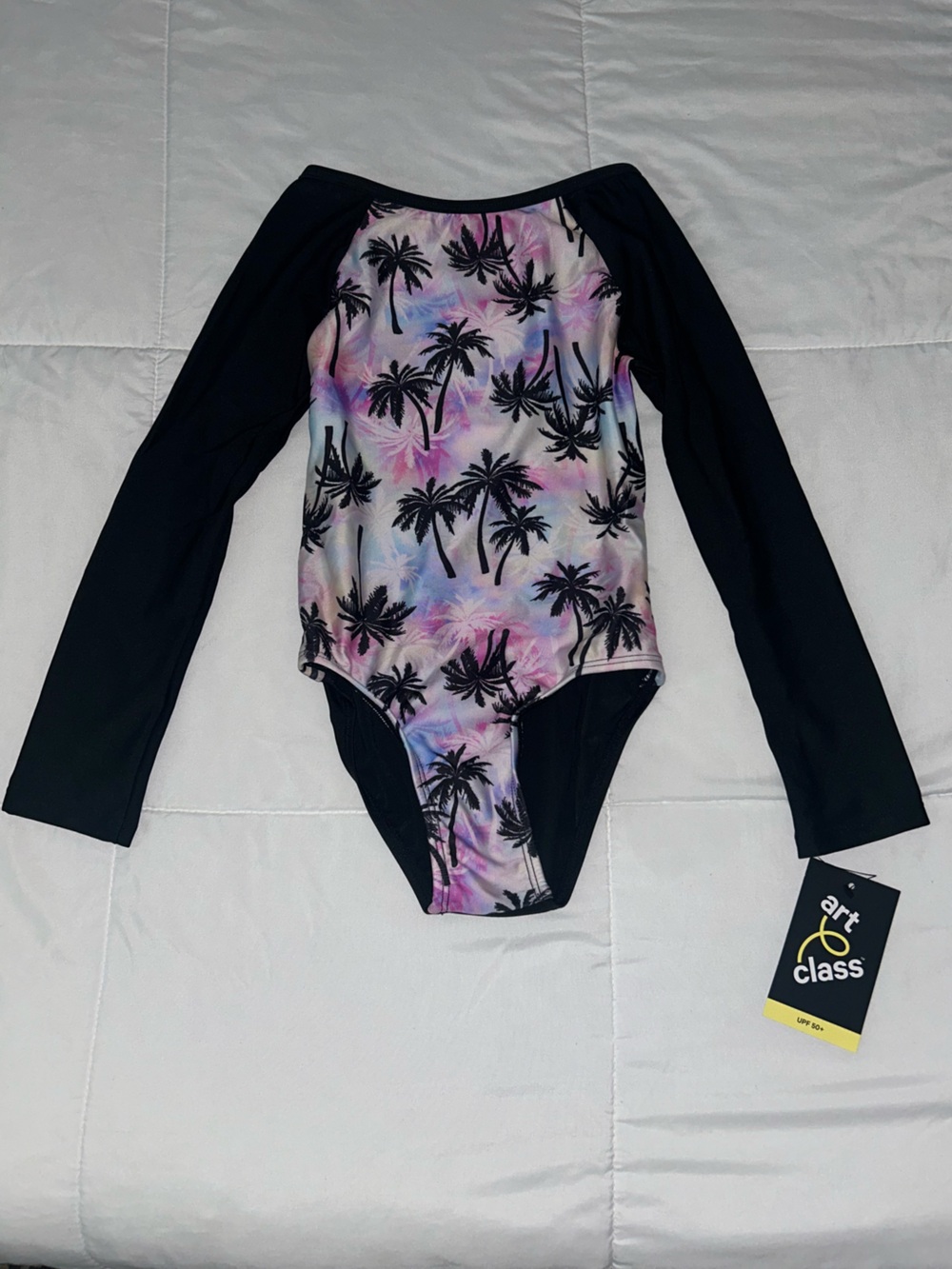 art class Black Long-Sleeve One-Piece with Pastel Palm Print